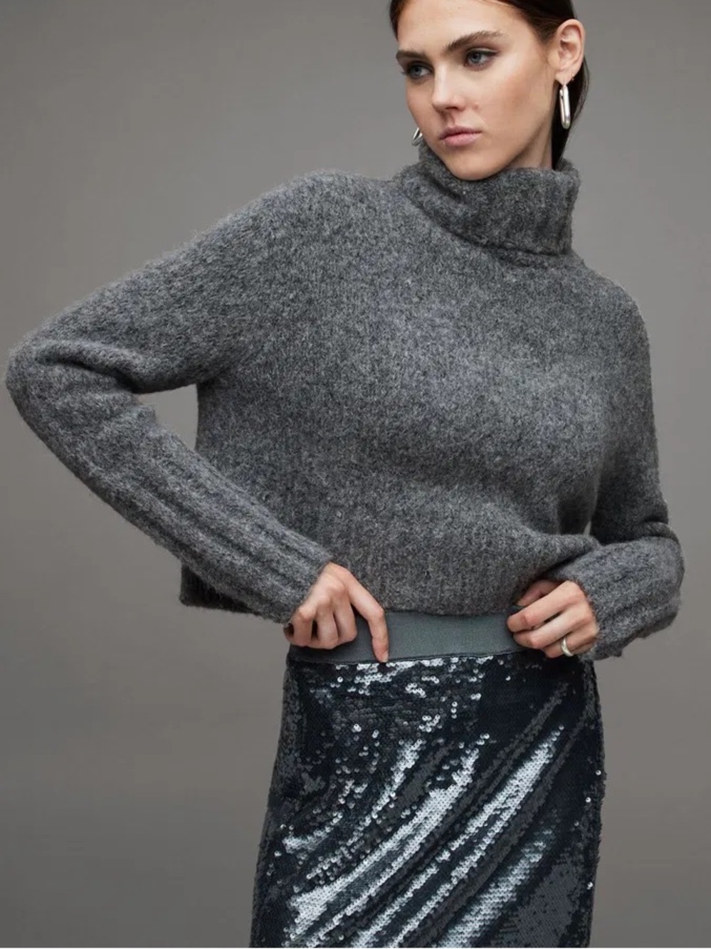 All Saints Josephine Roll Neck Cozy Grey Turtleneck Sweater - Women's Knit
